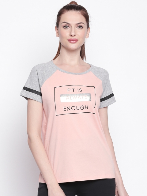 

Ajile by Pantaloons Women Pink Grey Printed Round Neck Pure Cotton T-shirt