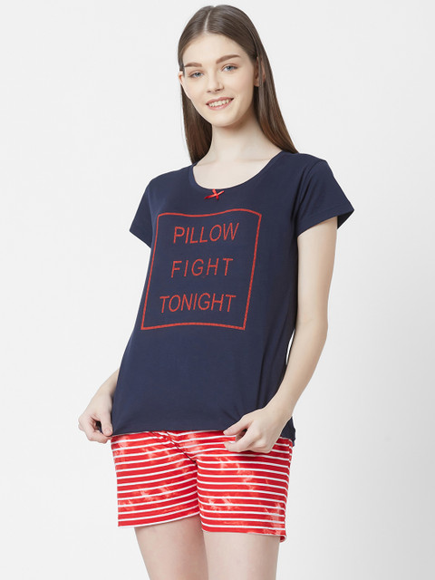 

Juliet Women Navy Blue & Red Printed Night suit