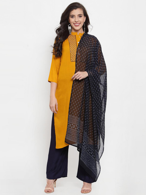 

Jompers Women Mustard Yellow & Navy Blue Embroidered Kurta with Palazzos & Dupatta
