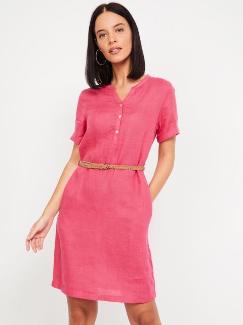 

Bossini Women Pink Solid Fit and Flare Linen Dress