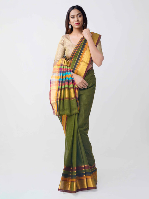 

Unnati Silks Green & Gold-Toned Pure Cotton Woven Design Chettinad Saree