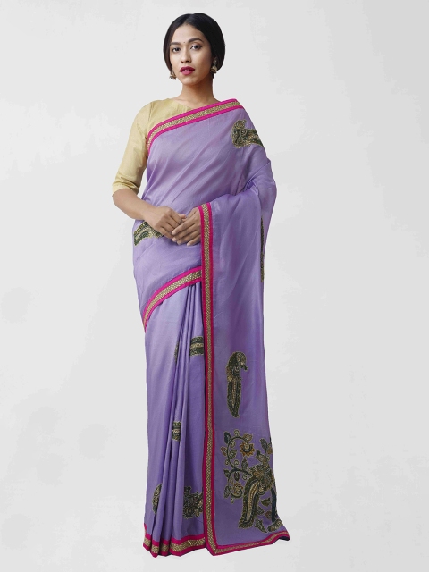 

Unnati Silks Purple & Pink Pure Silk Embroidered Tussar Saree