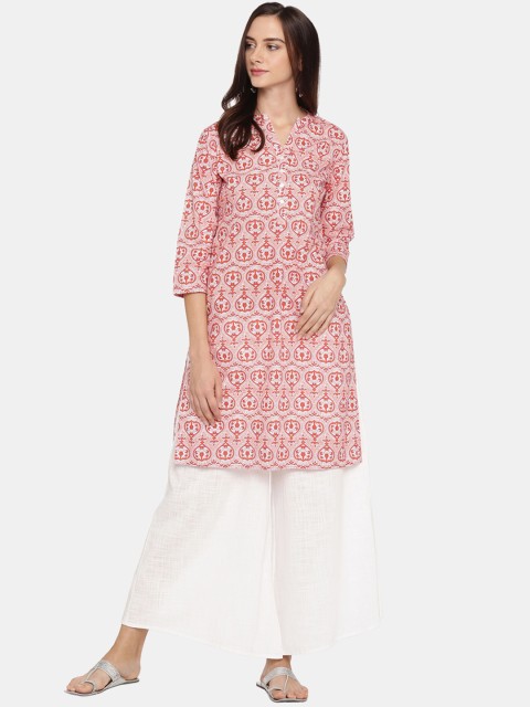 

RANGMANCH BY PANTALOONS Women White & Orange Printed Straight Kurta