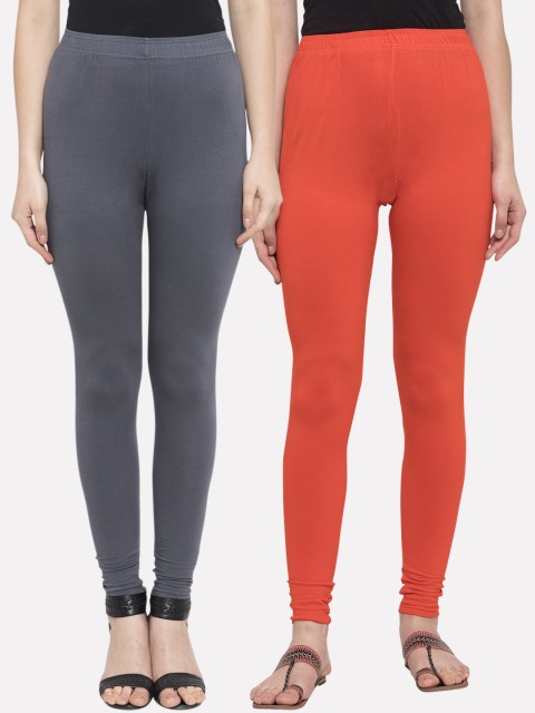 

TAG 7 Women Pack Of 2 Solid Leggings, Orange