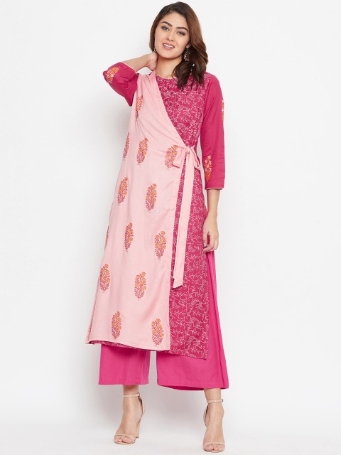 

Bitterlime Women Pink Block Printed Overlap Layered Kurta