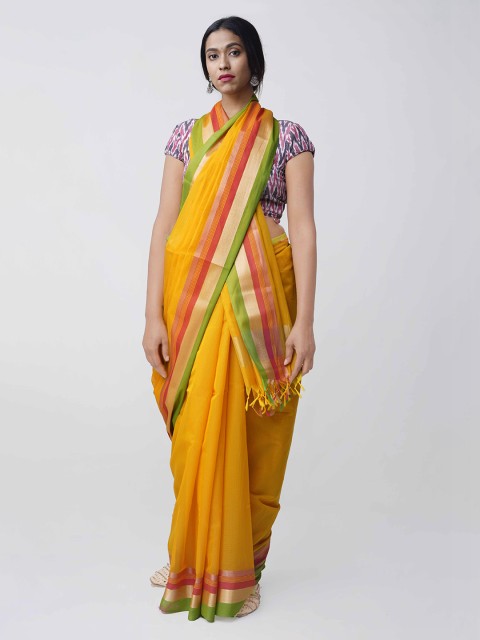

Unnati Silks Yellow & Green Silk Cotton Solid Kanchi Saree
