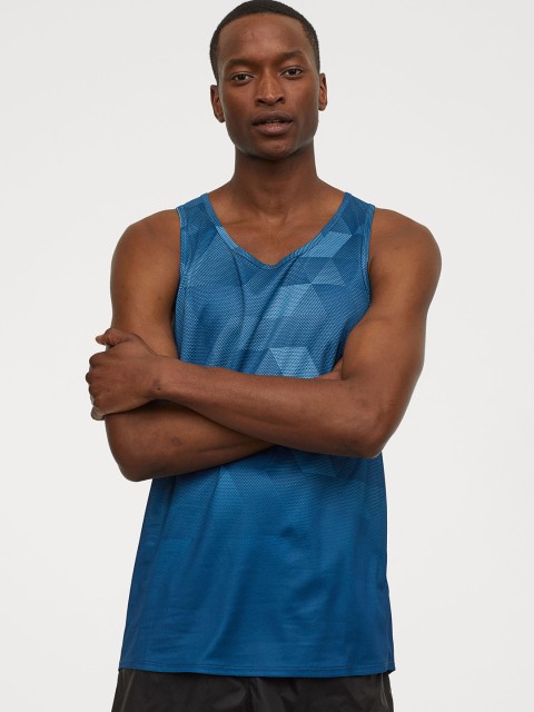 

H&M Men Blue Printed Running Vest Top Regular Fit