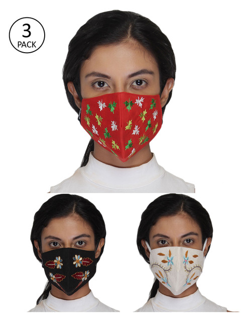 

Anekaant Women 3 Pcs Embroidered 3-Ply Anti-Pollution Reusable Cloth Masks, Black