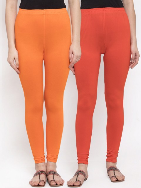 

TAG 7 Women Pack Of 2 Solid Churidar-Length Leggings, Orange