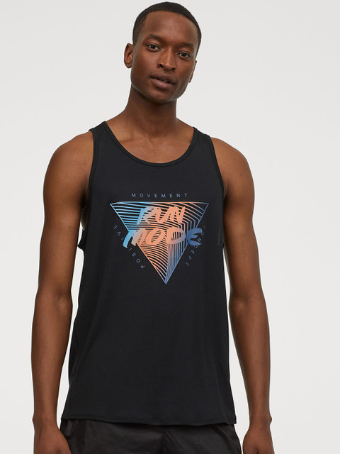 

H&M Men Black Printed Running Vest Top Regular Fit