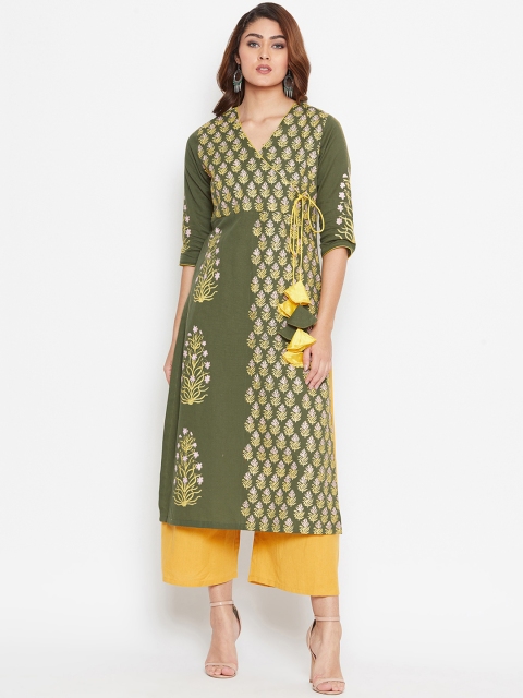 

Bitterlime Women Olive Green & Yellow Block Printed Straight Kurta