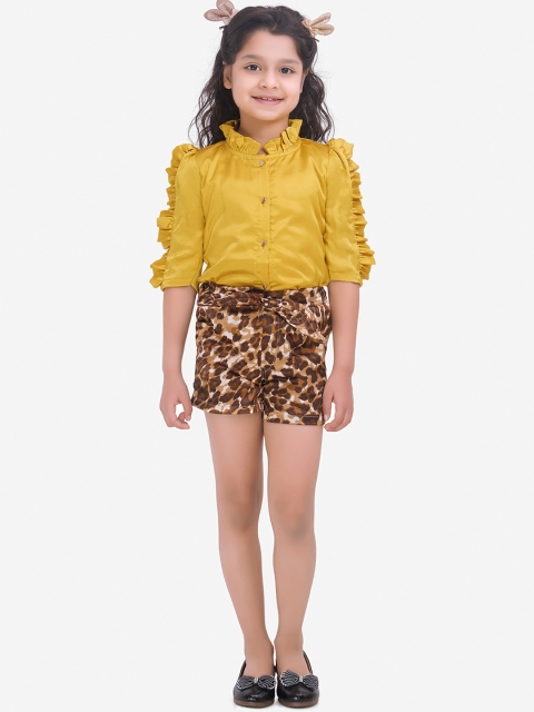 

Fairies Forever Girls Mustard Yellow & Brown Solid Shirt with Shorts