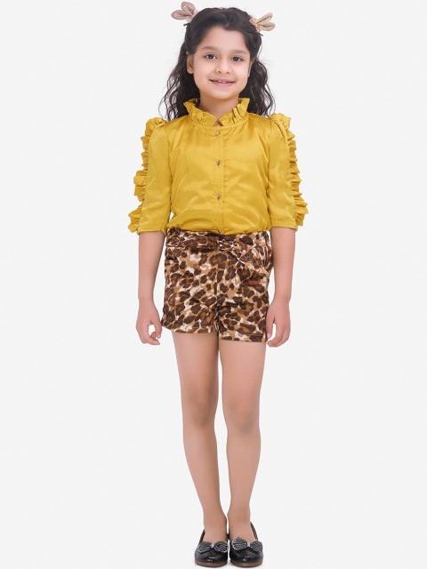 

Fairies Forever Girls Mustard Yellow & Brown Solid Shirt with Shorts