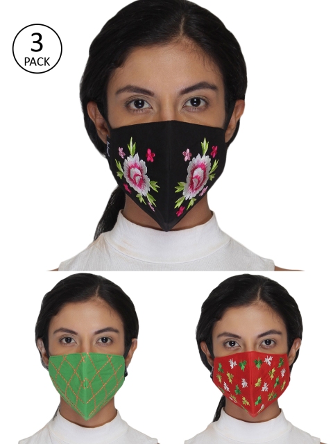 

Anekaant Women Pack of 3 Embroidered 3-Ply Reusable Cloth Masks, Black