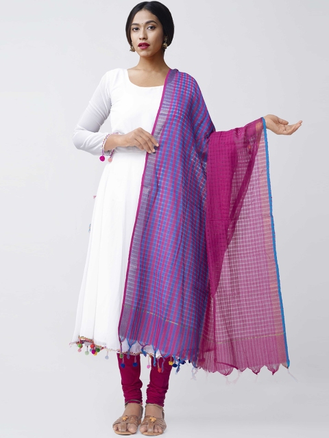 

Unnati Silks Pink & Blue Striped Mangalagiri Dupatta