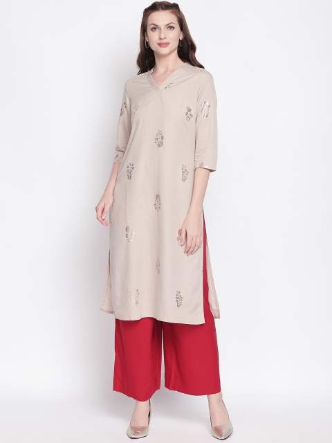 

RANGMANCH BY PANTALOONS Women Beige Foil Printed Straight Kurta