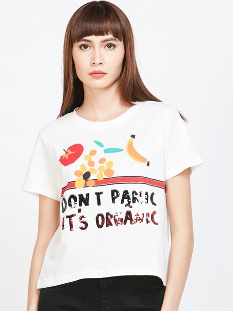 

Ginger by Lifestyle Women Off-White Printed Round Neck T-shirt