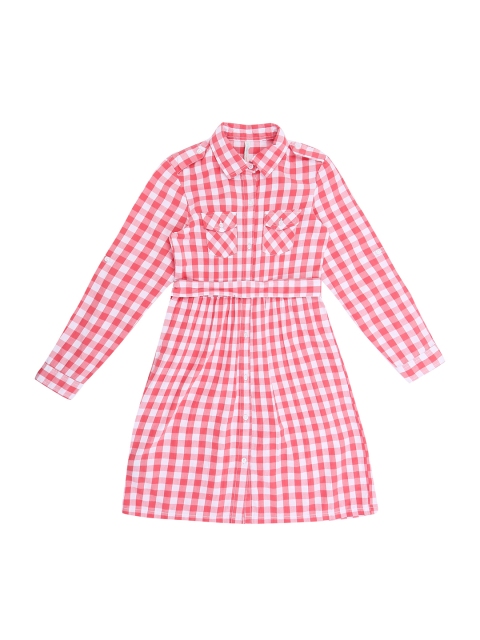 

Pantaloons Junior Girls Coral Pink & White Checked Shirt Dress