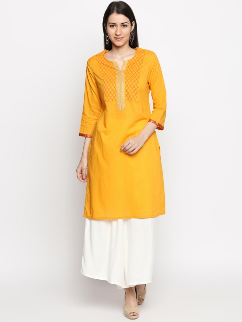 

RANGMANCH BY PANTALOONS Women Yellow & Orange Yoke Design Straight Kurta