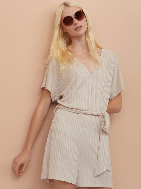 

H&M Women Beige Solid Tie-Belt Playsuit