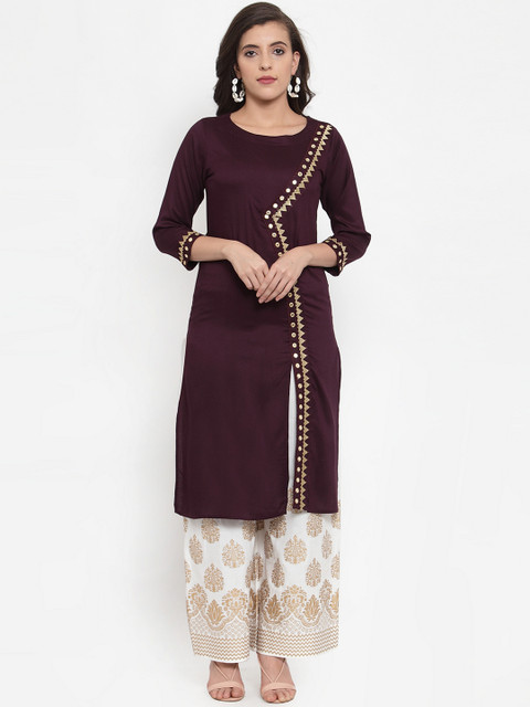 

Jompers Women Purple & Off-White Embroidered Kurta with Palazzos
