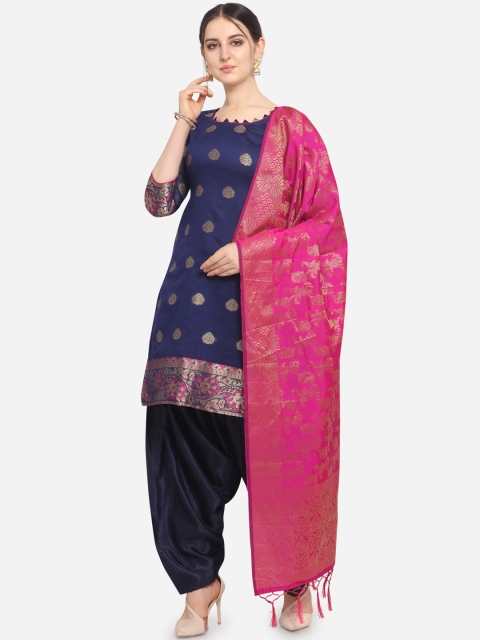 

Ethnic Junction Navy Blue & Pink Silk Blend Unstitched Dress Material
