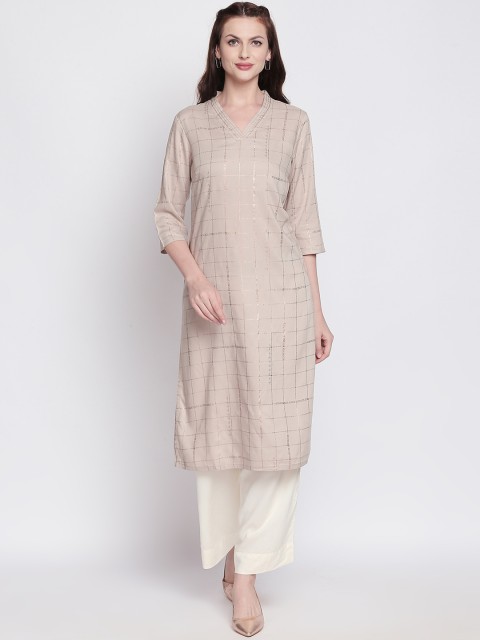 

RANGMANCH BY PANTALOONS Women Gold-Toned & Beige Woven Design Straight Kurta