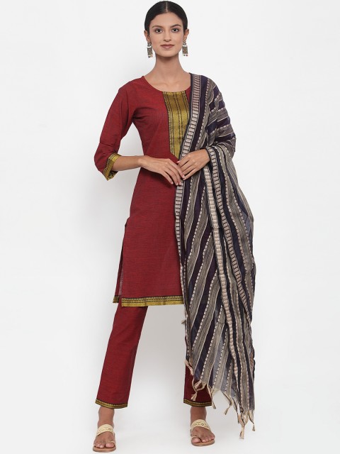 

Jompers Women Maroon & Blue Woven Design Kurta with Trousers & Dupatta
