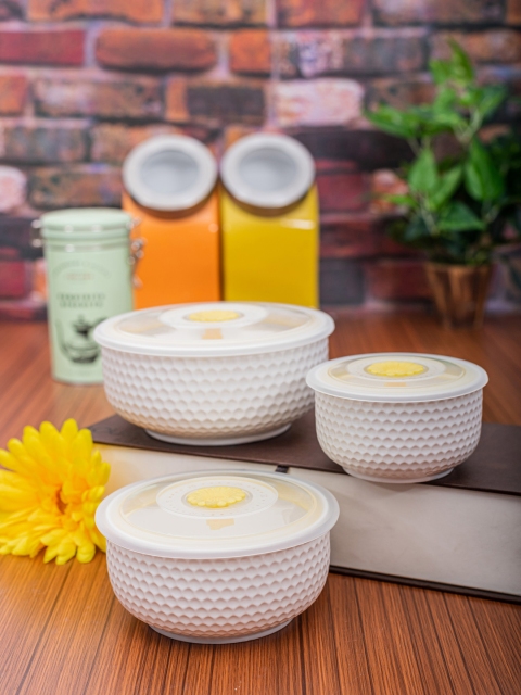 

White Gold Set Of 3 White & Yellow Textured Porcelain Airtight Bowl With Lid