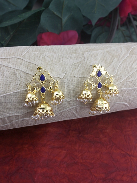 

Sia Art Jewellery Gold-Toned & Blue Dome Shaped Jhumkas
