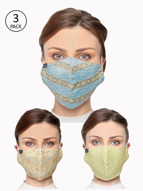 

Anekaant Women Pack Of 3 Woven Design 3-Ply Reusable Cloth Masks, Blue
