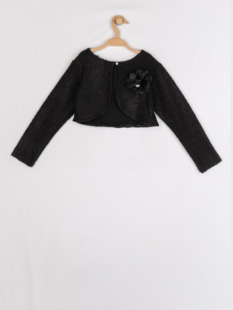 

Peppermint Girls Black Self Design Open Front Shrug