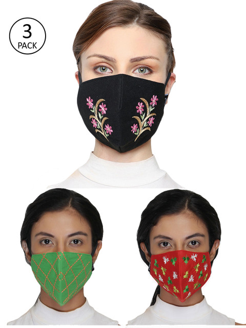 

Anekaant Women Pack of 3 Embroidered 3-Ply Reusable Cloth Masks, Green