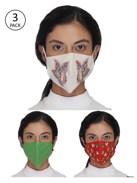 

Anekaant Women 3 Pcs Embroidered 3-Ply Anti-Pollution Reusable Cloth Masks, Green