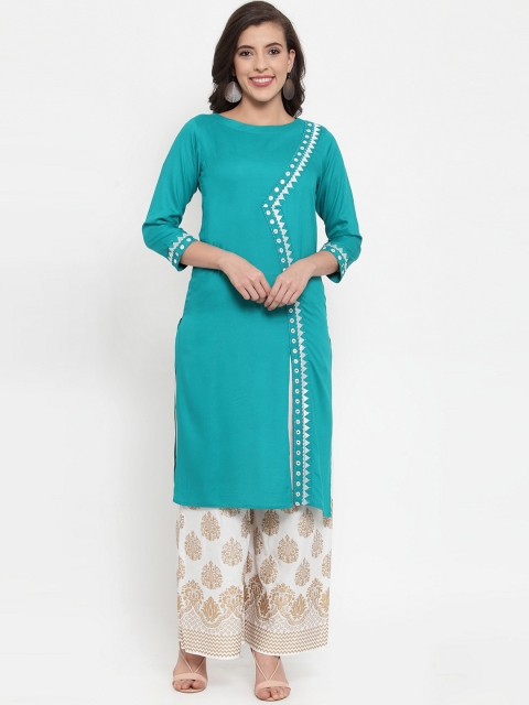 Jompers Women Turquoise Blue & Off-White Embroidered Kurta with Palazzos
