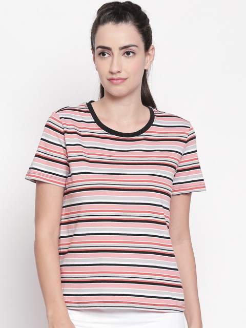 

Ajile by Pantaloons Women Orange Grey Striped Round Neck Pure Cotton T-shirt