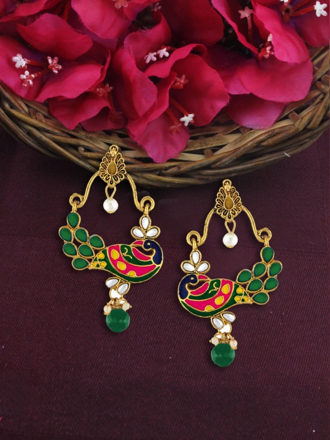 

Sia Art Jewellery Gold & Green Peacock Meenakari Drop Earrings