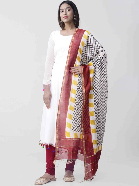 

Unnati Silks Cream-Coloured & Black Chanderi Sico Printed Sustainable Dupatta