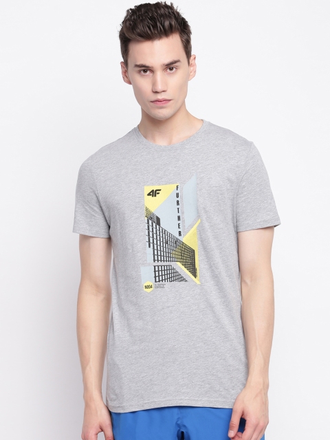 

4F Men Grey Melange Printed Round Neck T-shirt