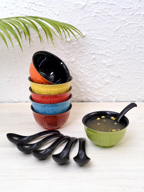 

Unravel India Set Of 12 Textured Ceramic Hand Knitted Handcrafted Soup Bowls With Spoon, Red