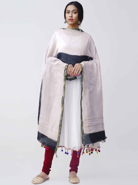 

Unnati Silks Peach-Coloured & Black Pure Chanderi Sico Woven Design Sustainable Dupatta