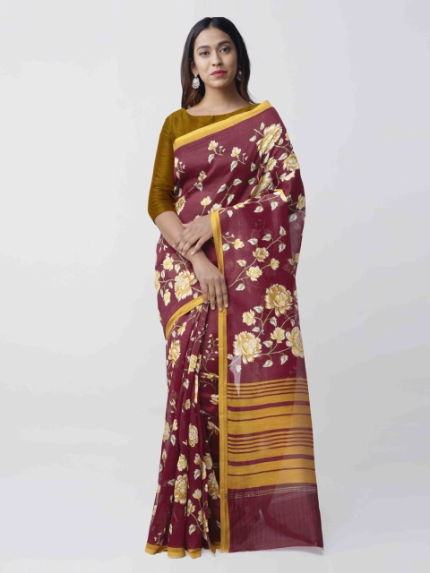 

Unnati Silks Maroon & Mustard Yellow Silk Cotton Printed Chanderi Sico Saree