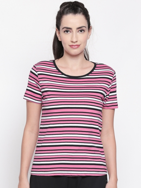 

Ajile by Pantaloons Women Pink White Striped Round Neck Pure Cotton T-shirt