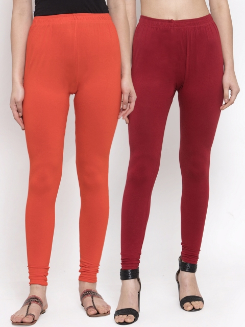 

TAG 7 Women Pack Of 2 Maroon & Orange Solid Churidar-Length Leggings