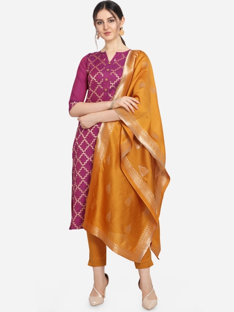 

Kvsfab Women Pink & Mustard Yellow Silk Blend Unstitched Dress Material
