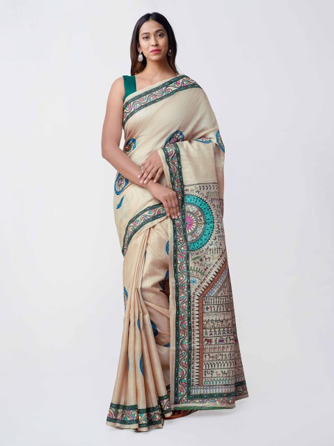 

Unnati Silks Women Beige Pure Silk Printed Handloom Tussar Saree