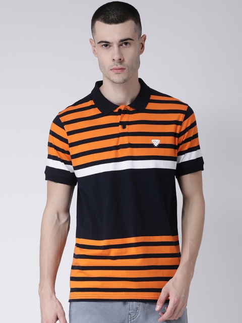 

Club York Men Navy Blue & Orange Striped Polo Collar T-shirt