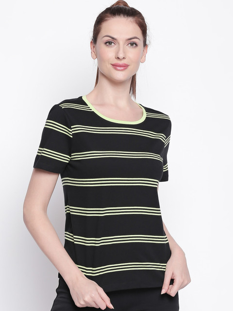 

Ajile by Pantaloons Women Black Green Printed Round Neck Pure Cotton T-shirt