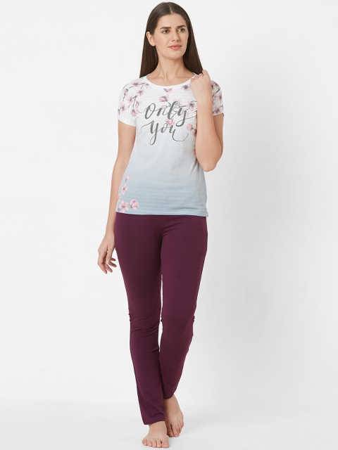 

Sweet Dreams Women White & Burgundy Printed Night suit