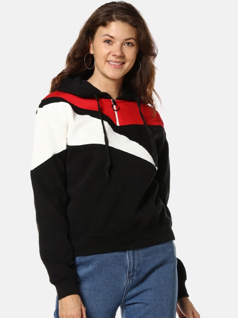 

Campus Sutra Women Black Colourblocked Hooded Sweatshirt